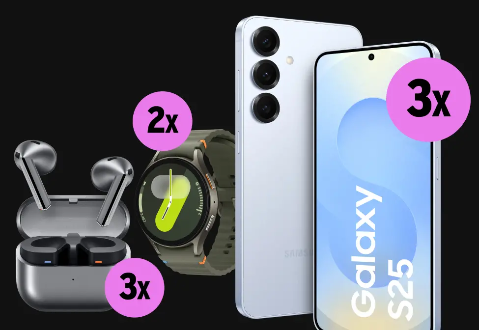 3x Samsung Galaxy S25, 2x Samsung Galaxy Watch 7, 3x Samsung Galaxy Buds3