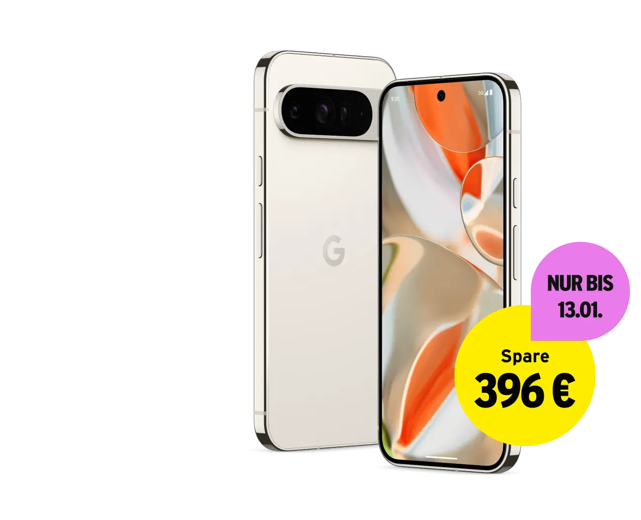 Vorder- und Rückseite Smartphone mit Hinweis "Nur bis 13.01.: Spare 396 €!"