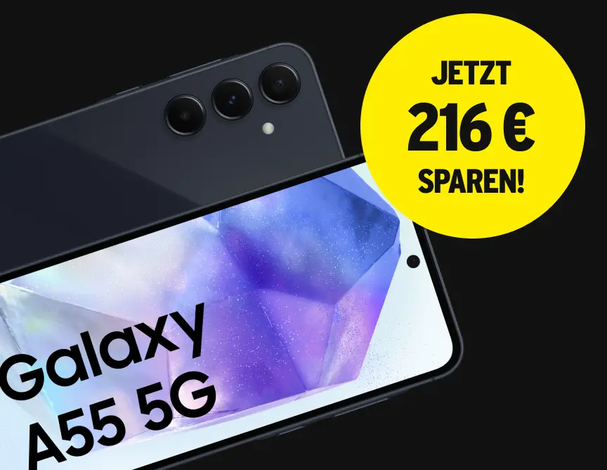 Bild eines Samsung Galaxy A55 5G Smartphones mit einem großen gelben Kreis, in dem steht 'JETZT 216 € SPAREN!'. Das Smartphone hat ein Display mit einem blauen und violetten Hintergrund und drei Kameralinsen auf der Rückseite.